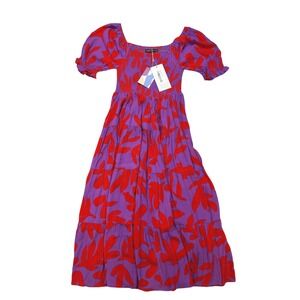 Mister Zimi Fleur Maxi Dress Maple Purple Red Leaf Print‎ Smocked Puff Sleeve